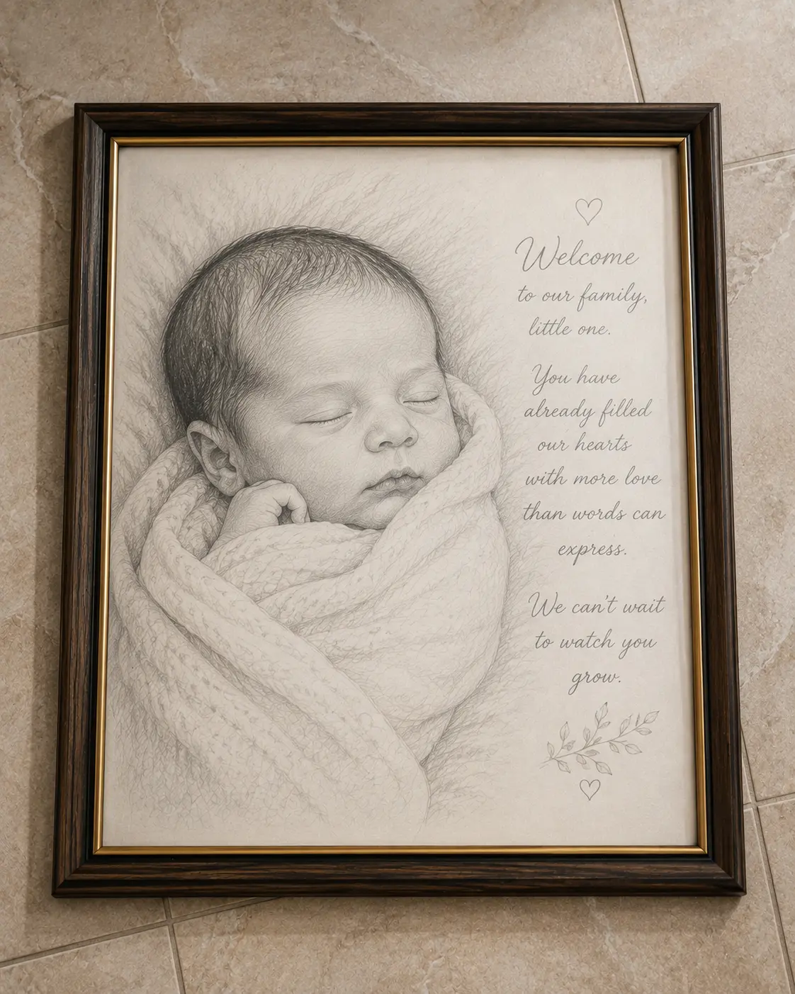 Framed pencil sketch of a newborn baby with a welcome message