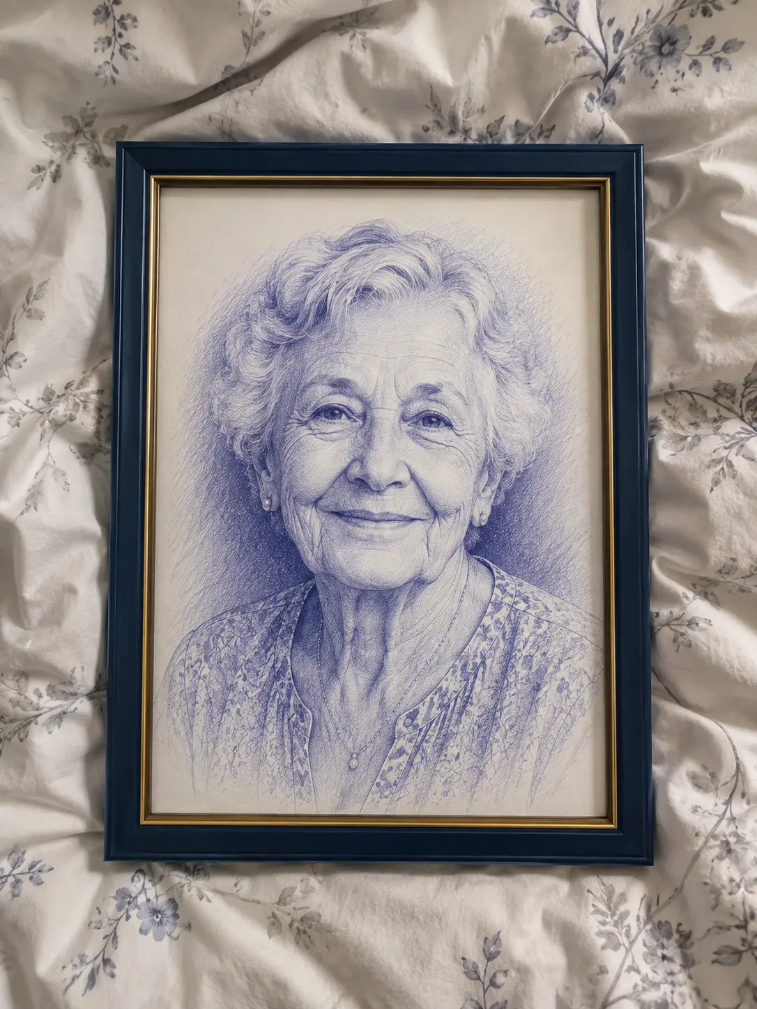 Blue ballpoint pen portrait of an elderly woman in a navy frame
