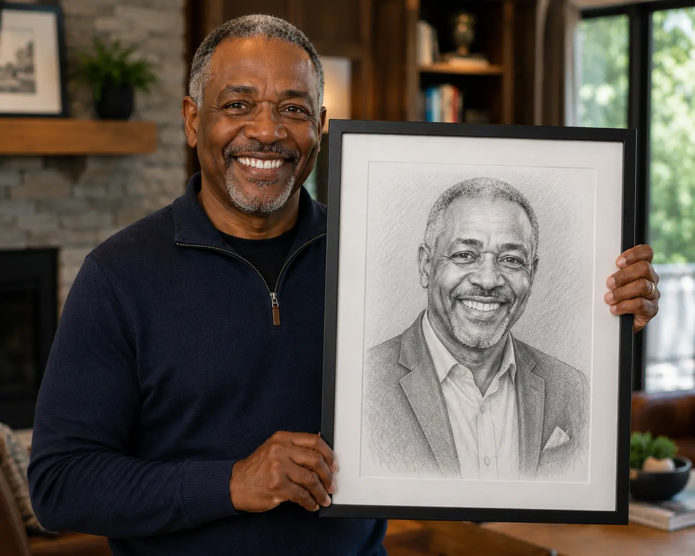 Man holding a framed pencil portrait of himself