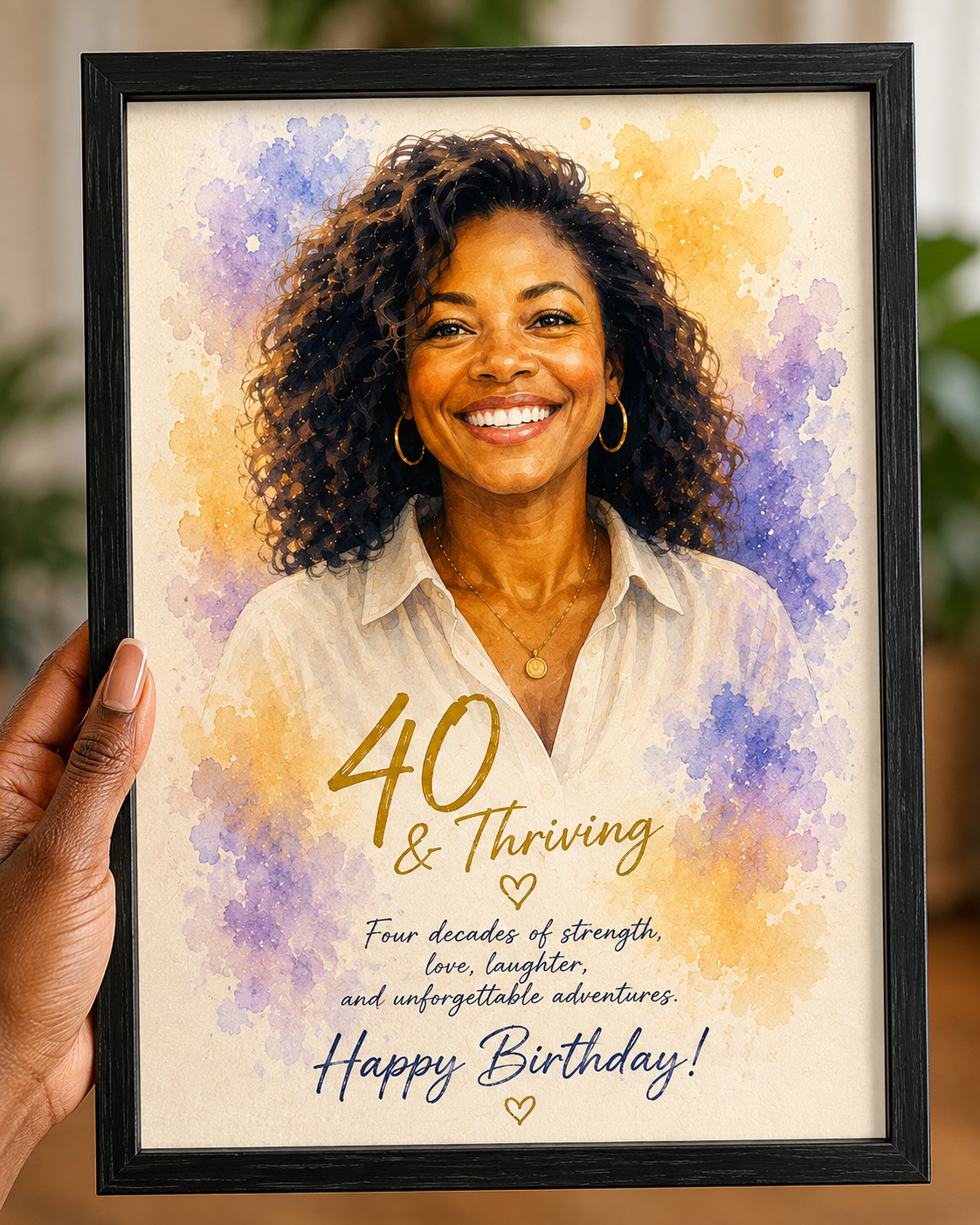 Watercolour birthday portrait of a woman with gold lettering