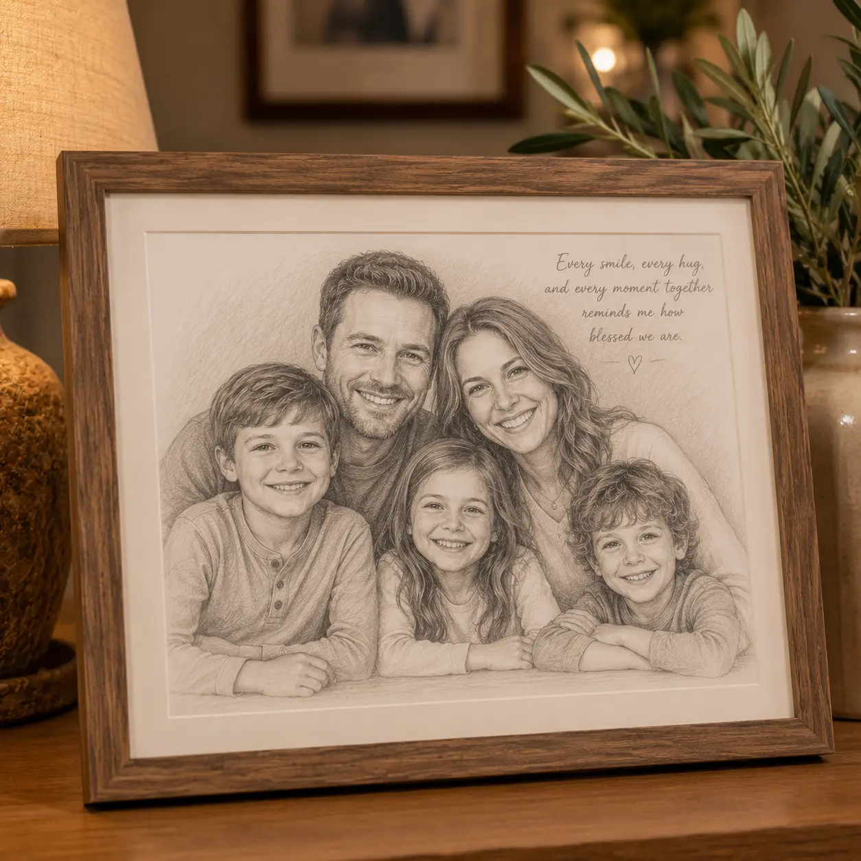 Framed sepia pencil sketch of a family of five