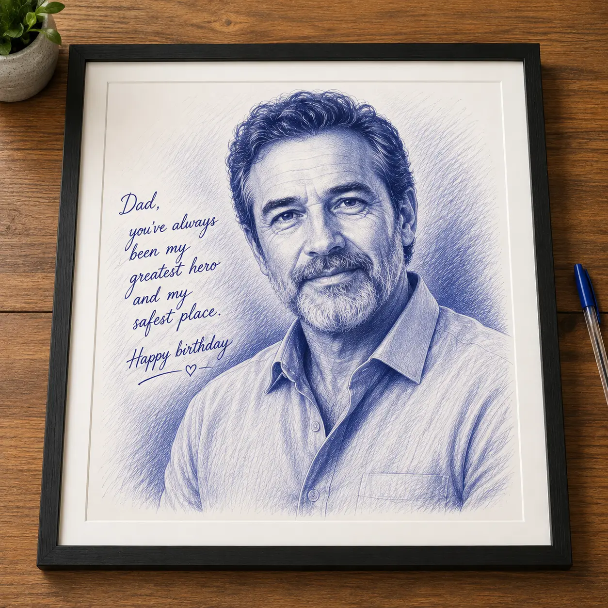Blue ballpoint pen portrait of a man with a birthday message in a black frame