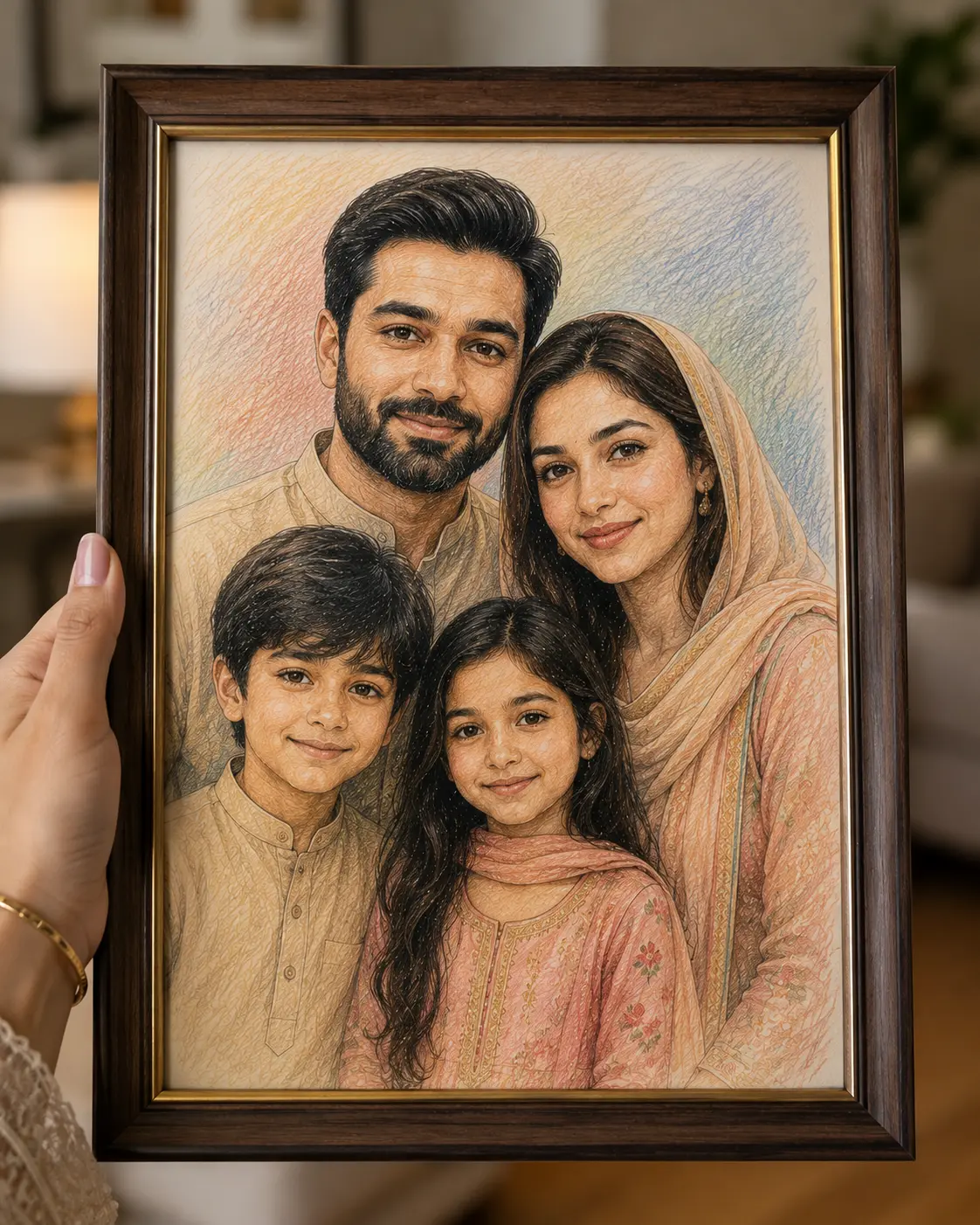 Framed coloured pencil portrait of a family of four