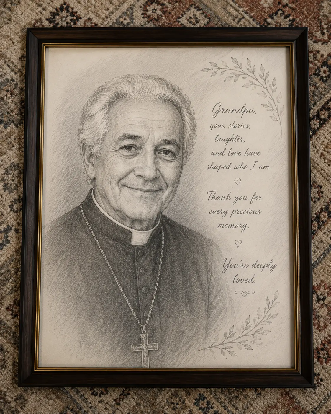 Framed pencil portrait of an elderly clergyman with a tribute message