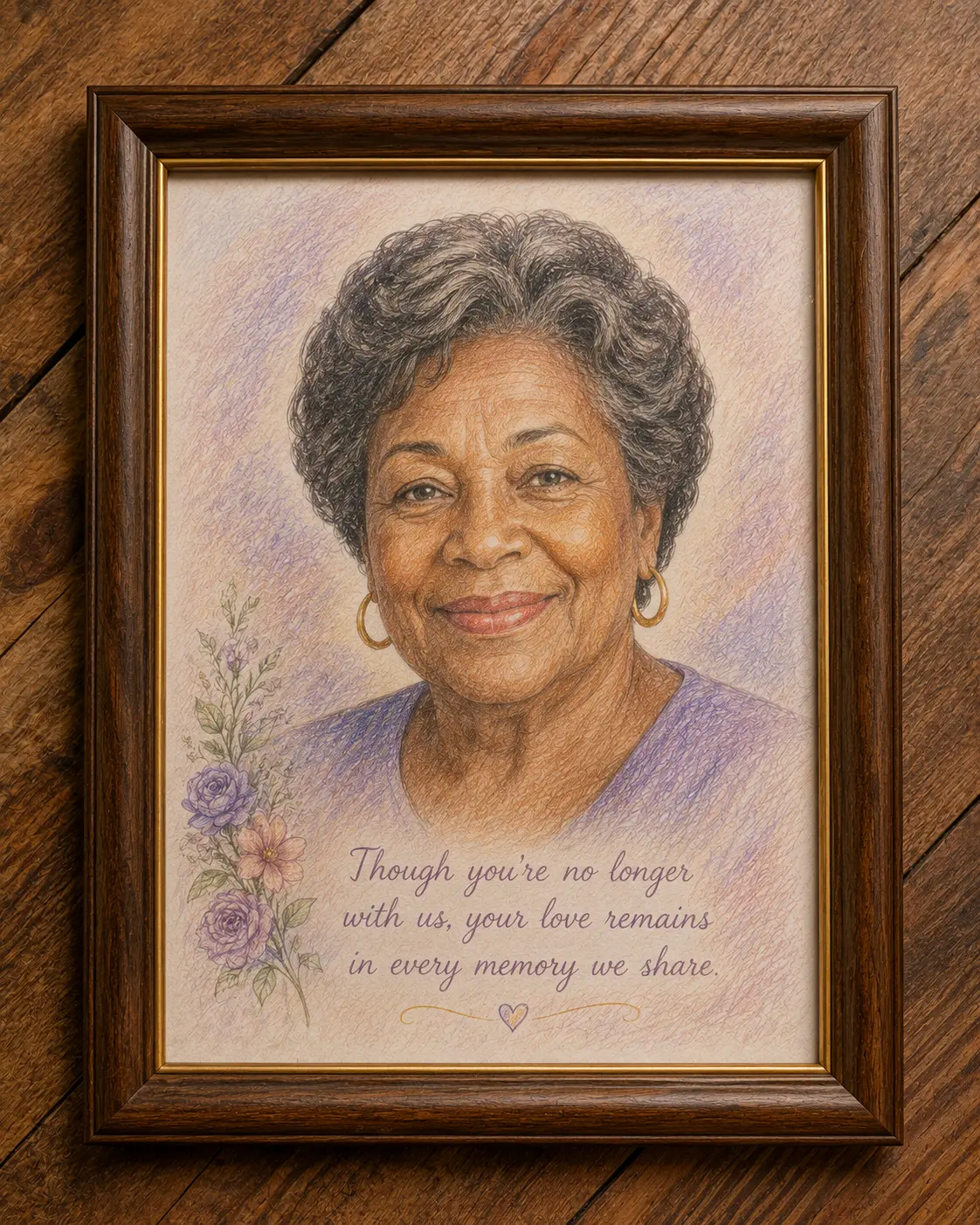 Framed coloured pencil memorial portrait of an elderly woman