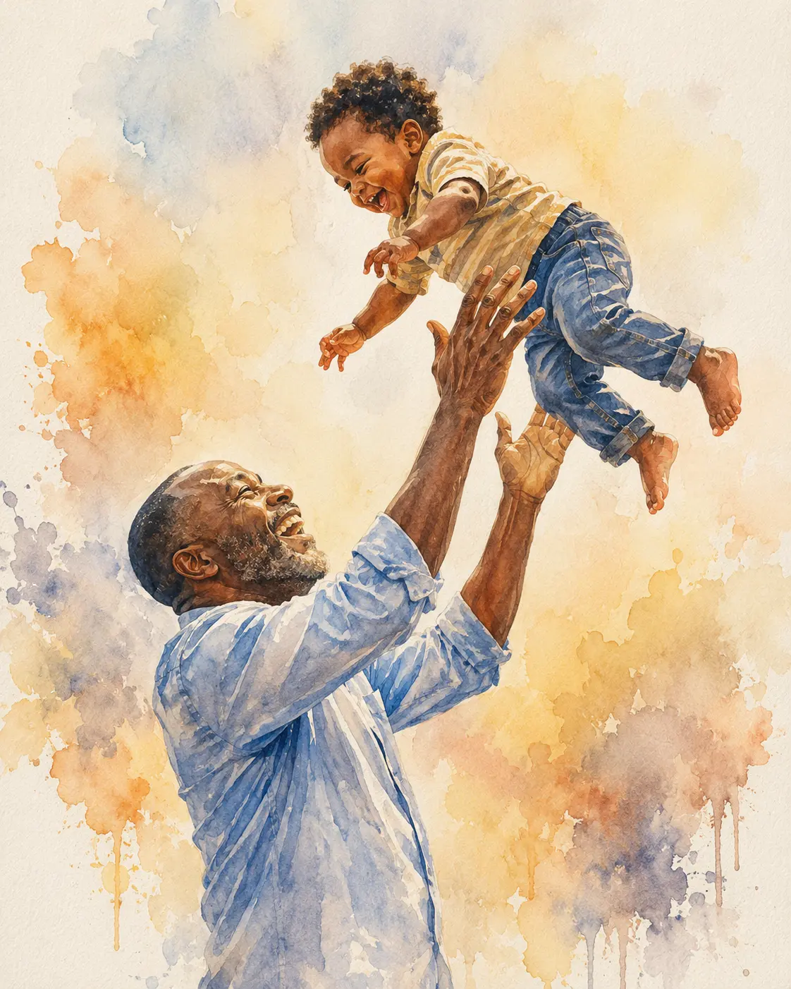 Watercolour painting of a father lifting his laughing toddler