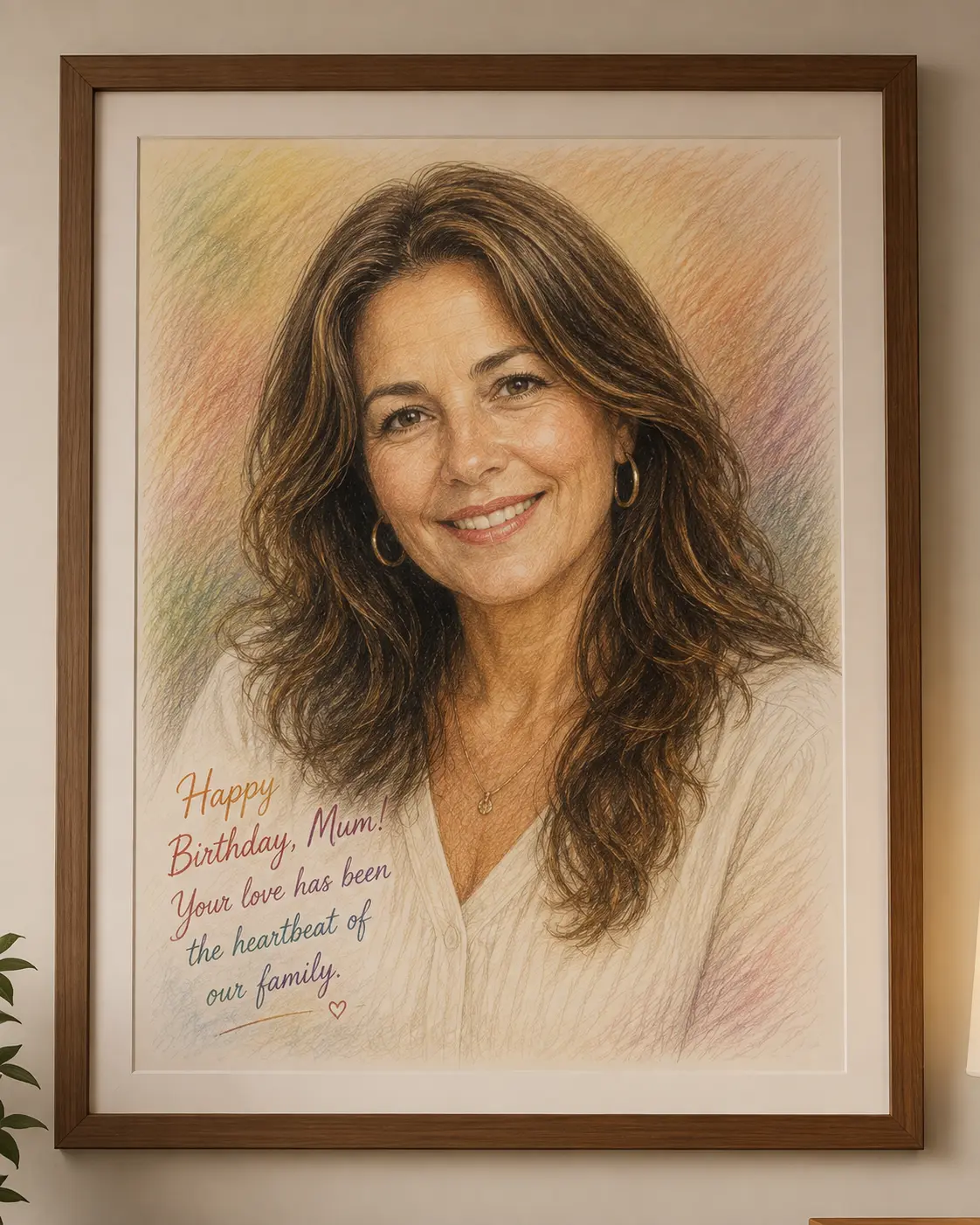 Framed coloured pencil birthday portrait of a woman