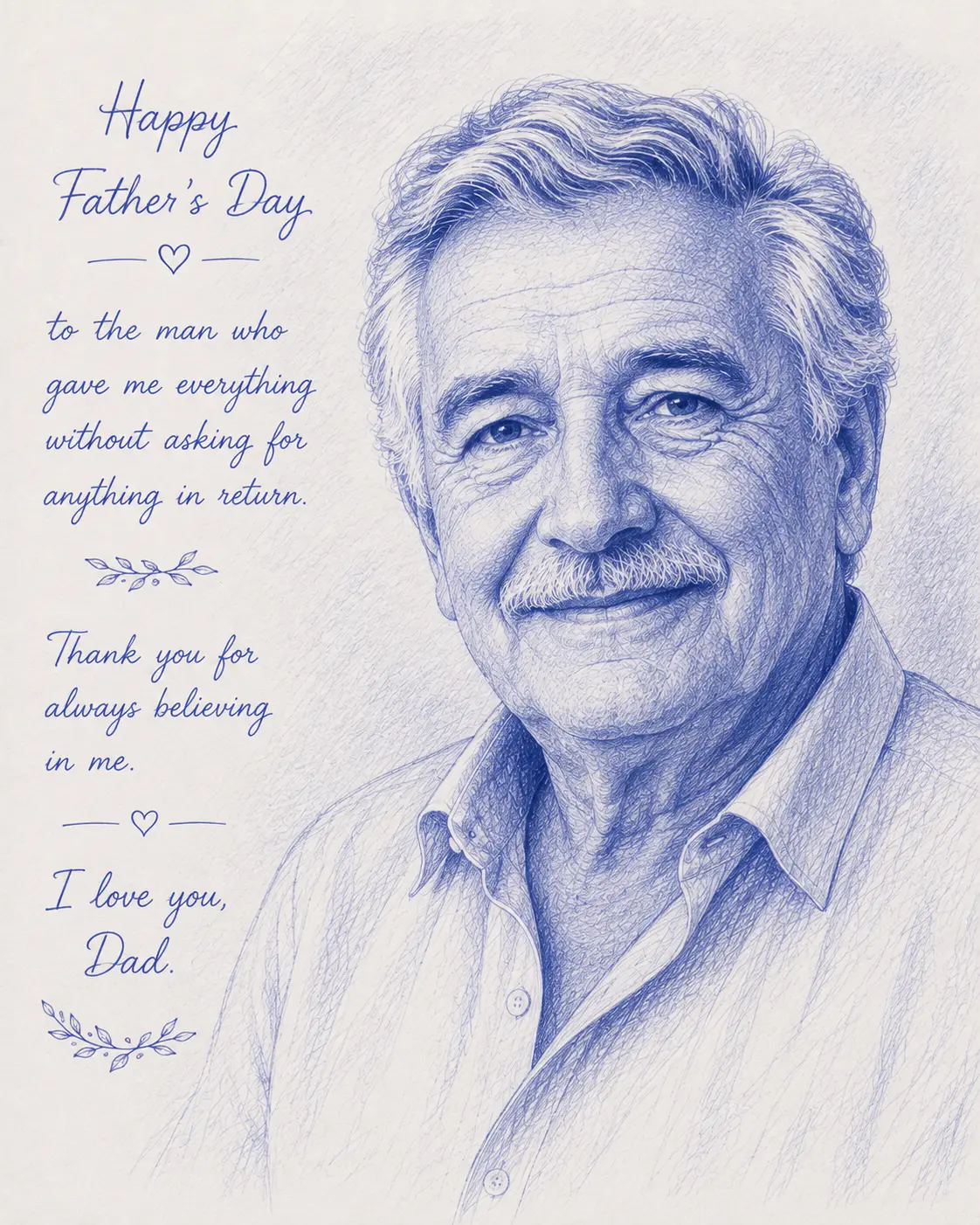 Blue ballpoint pen style portrait of an older man for Father's Day
