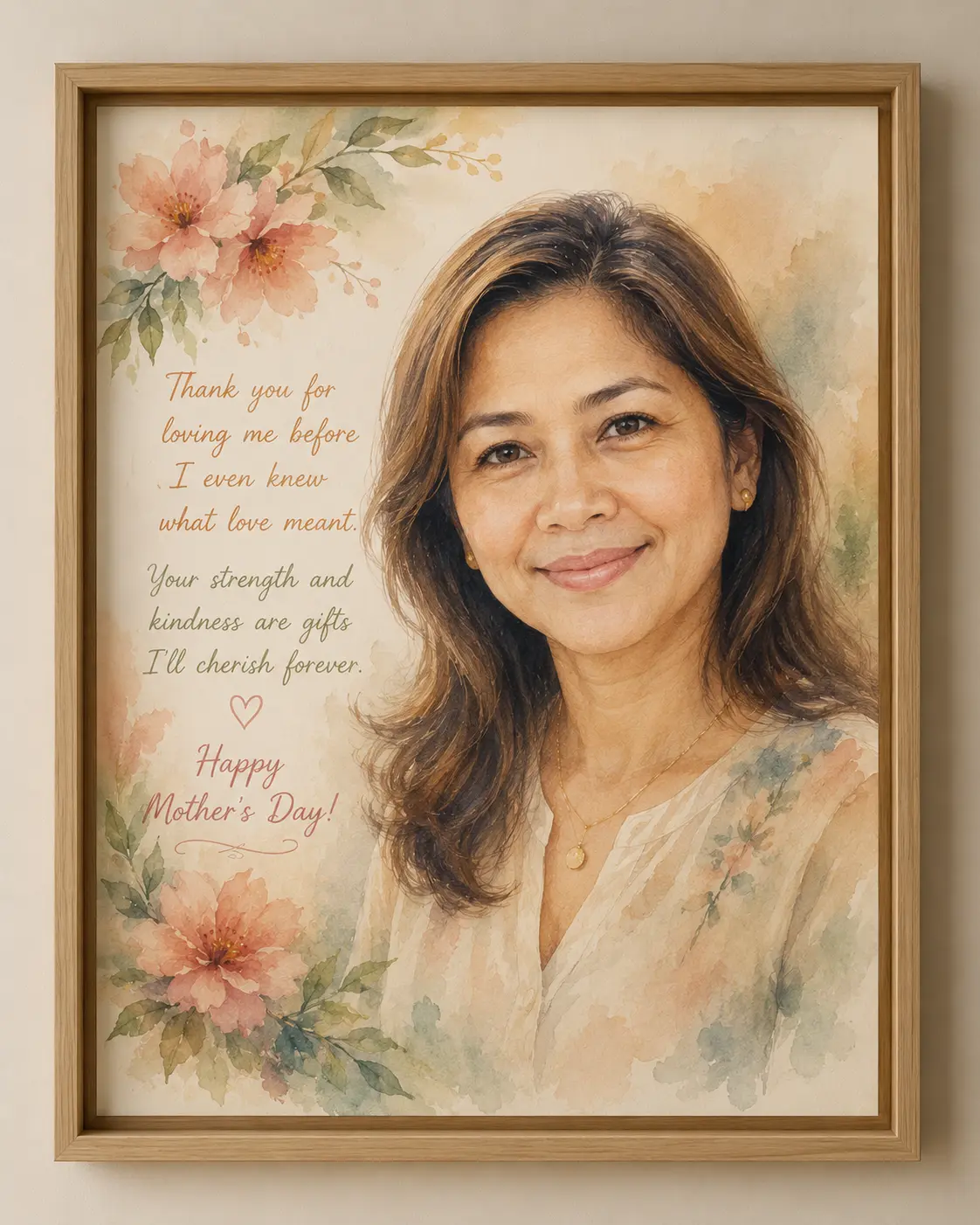 Framed watercolour portrait of a woman with floral details