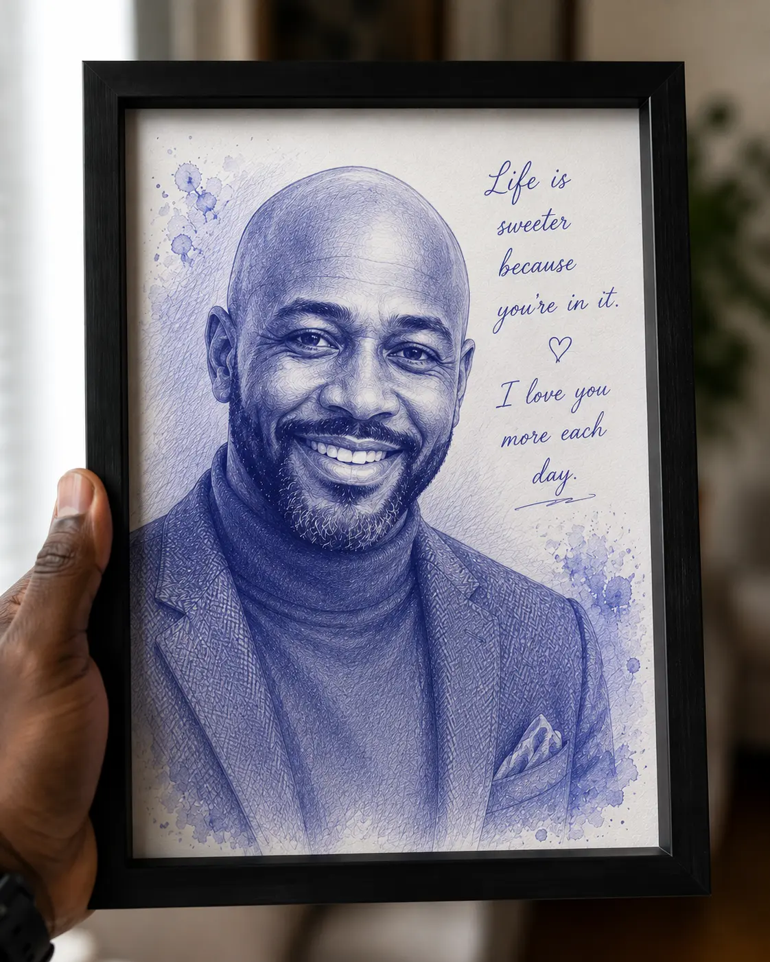 Blue ink and watercolour portrait of a smiling man in a black frame