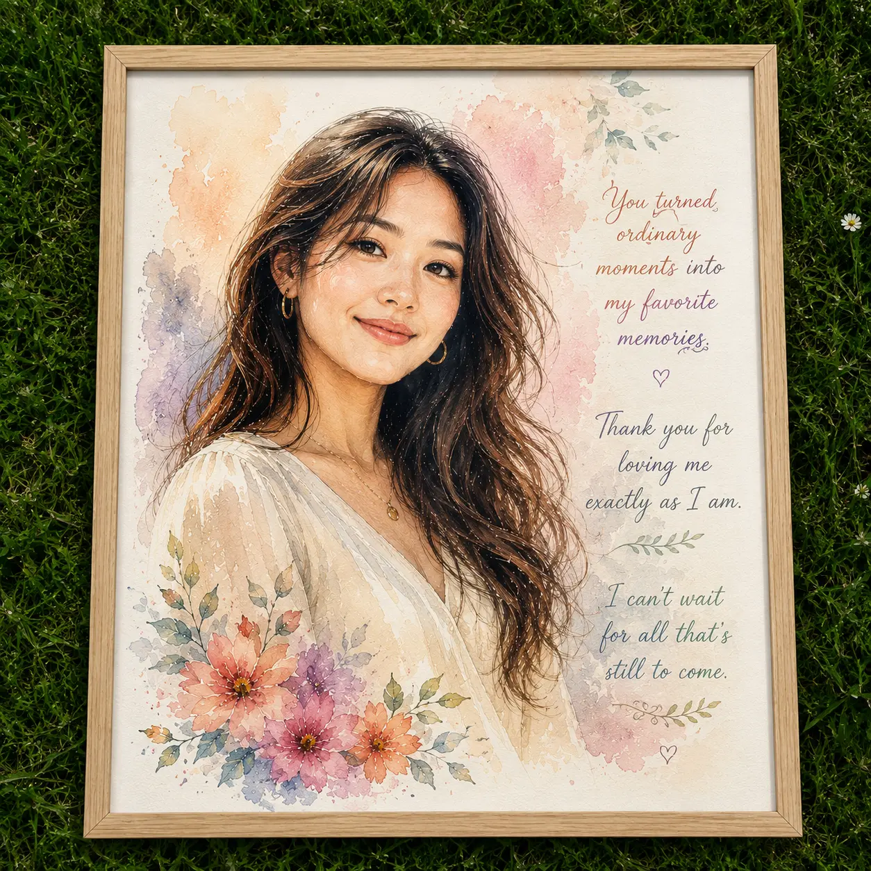 Framed watercolour portrait of a woman with floral details