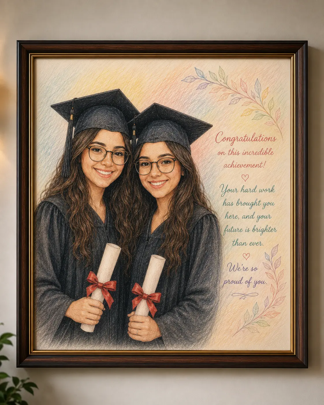 Framed coloured pencil graduation portrait of twin sisters