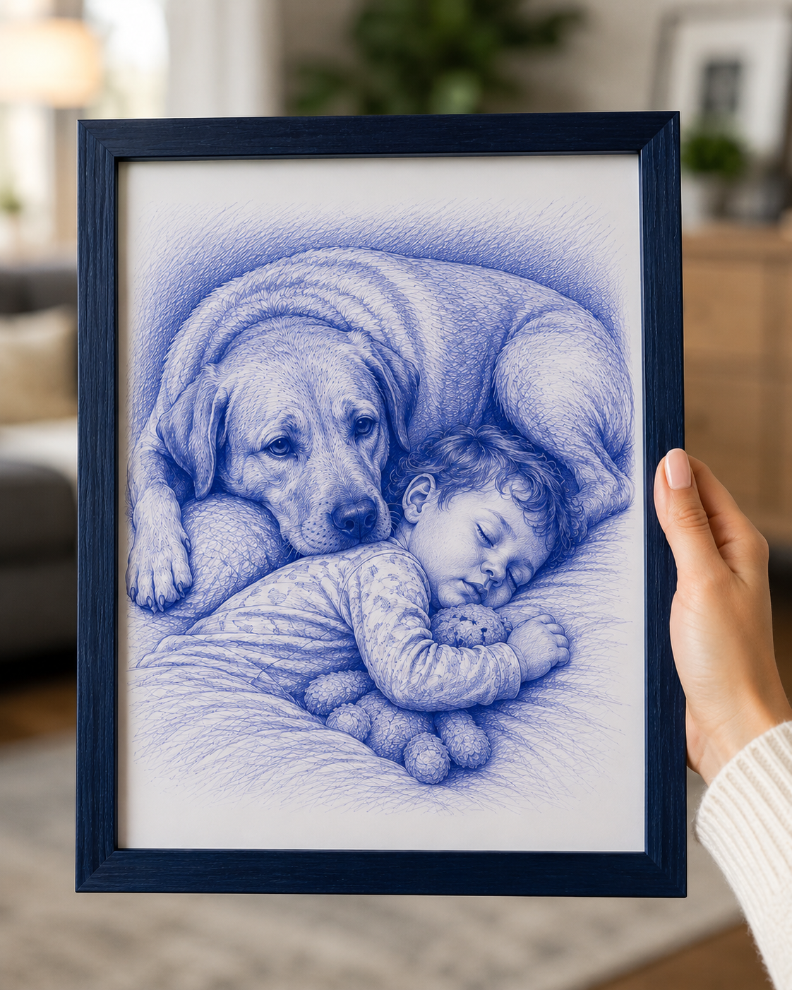 Ink drawing of a sleeping baby resting against a labrador