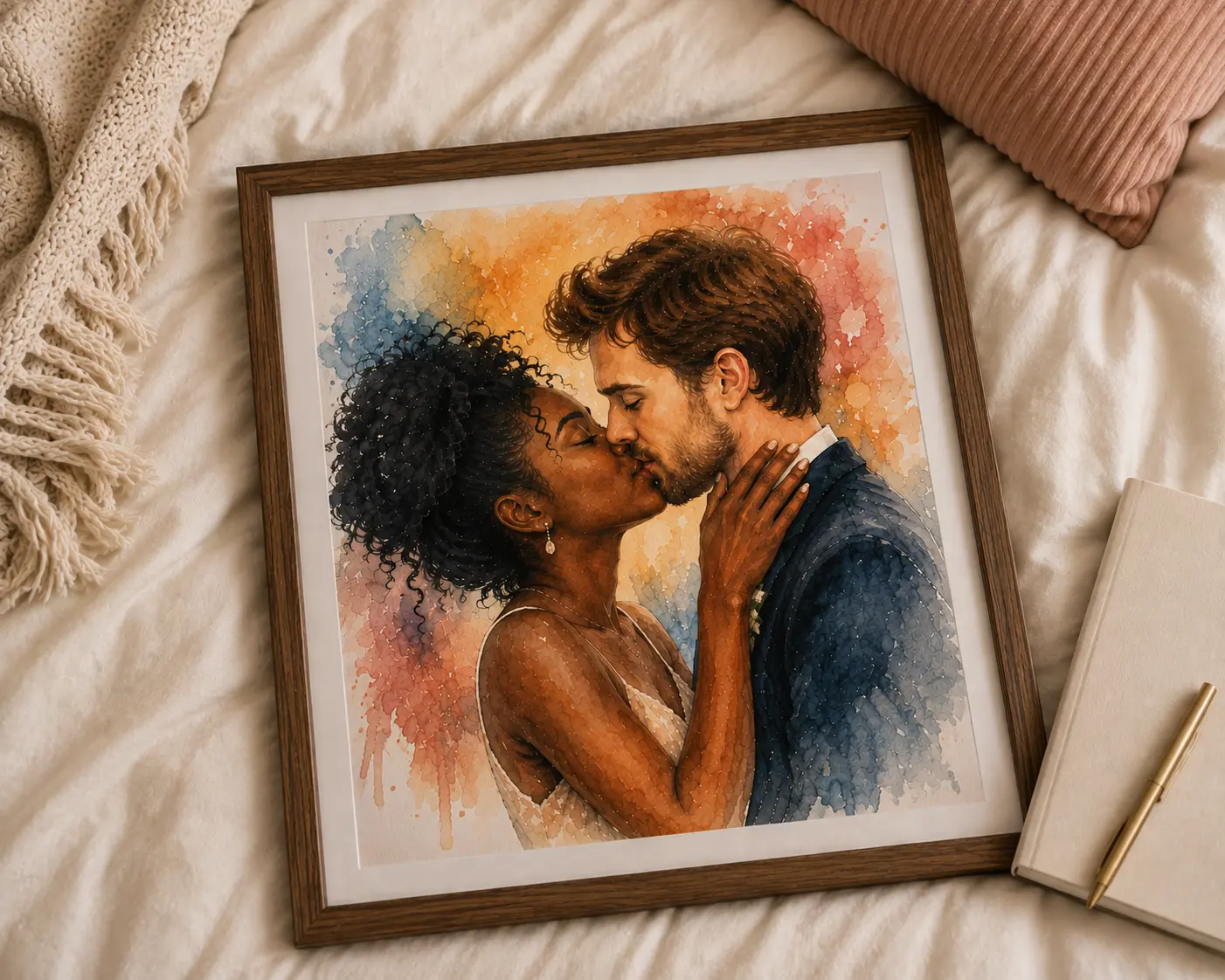 Framed watercolour painting of a couple kissing on their wedding day