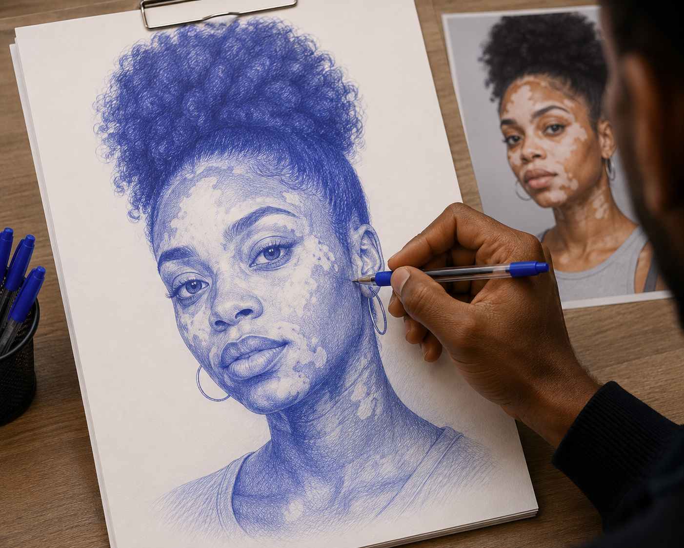 An artist hand-drawing a custom portrait from a photograph
