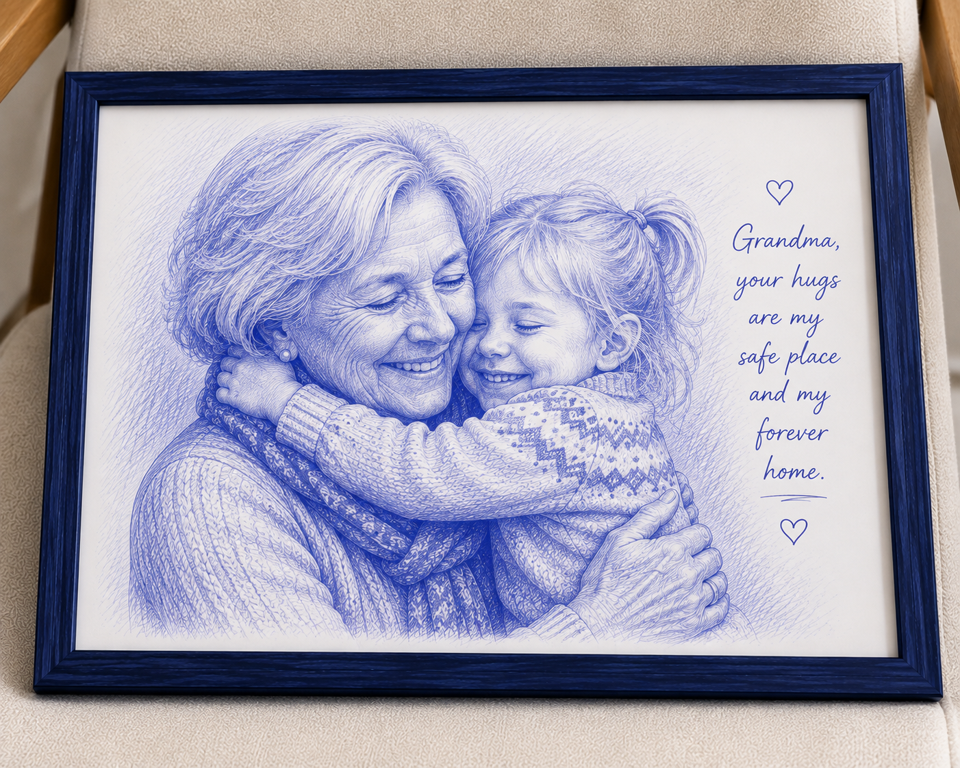 Blue ink portrait of a grandmother hugging her granddaughter with a handwritten message
