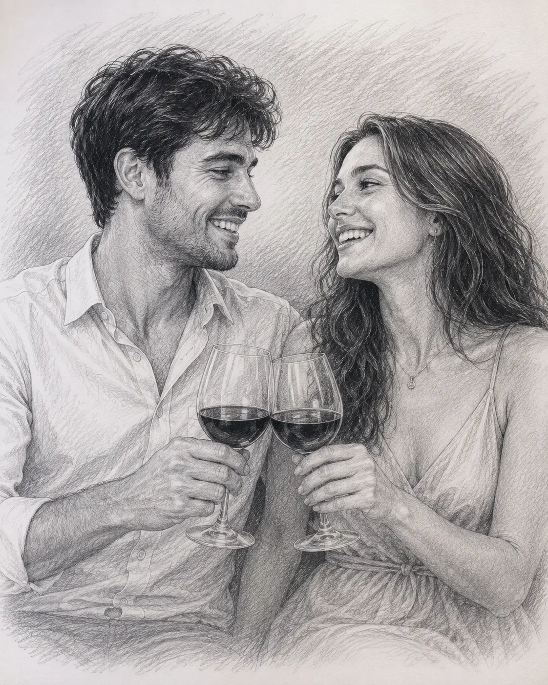 Pencil sketch of a couple toasting with wine glasses