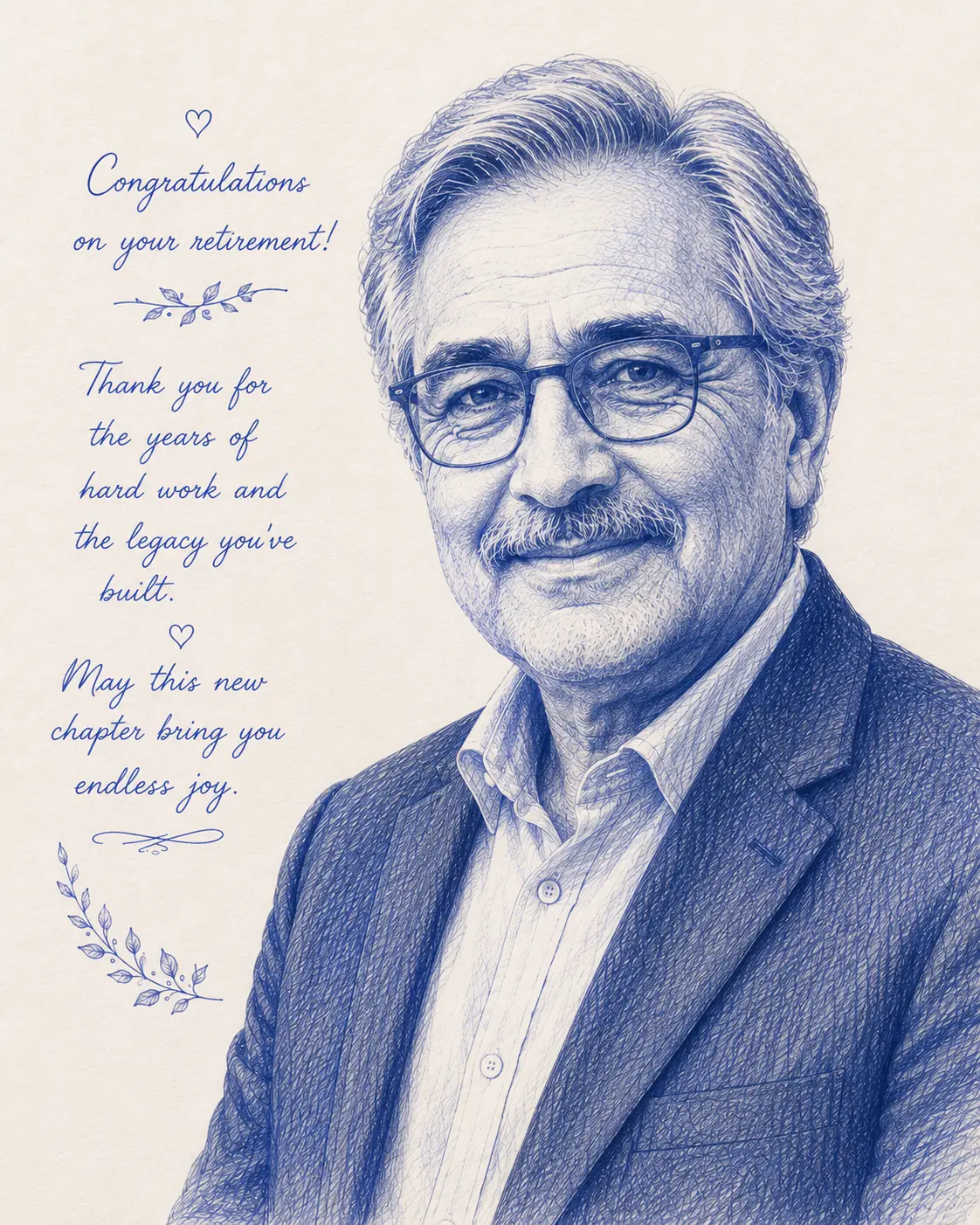 Blue ink style portrait of a man in a suit for a retirement gift