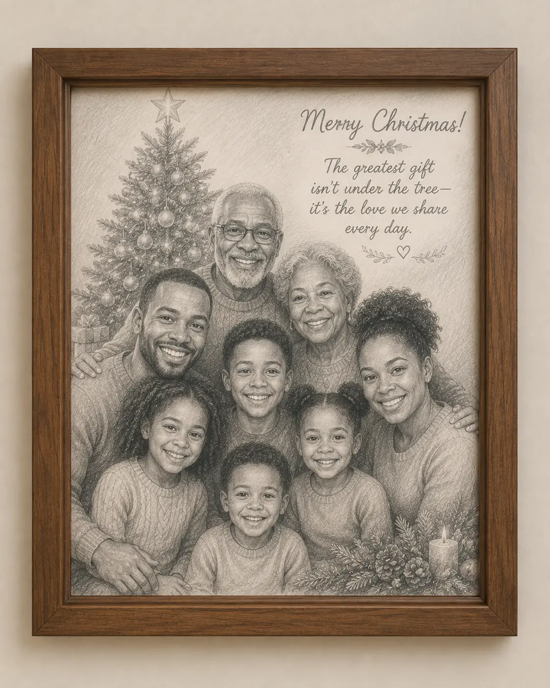 Framed pencil sketch of a multi-generational family at Christmas