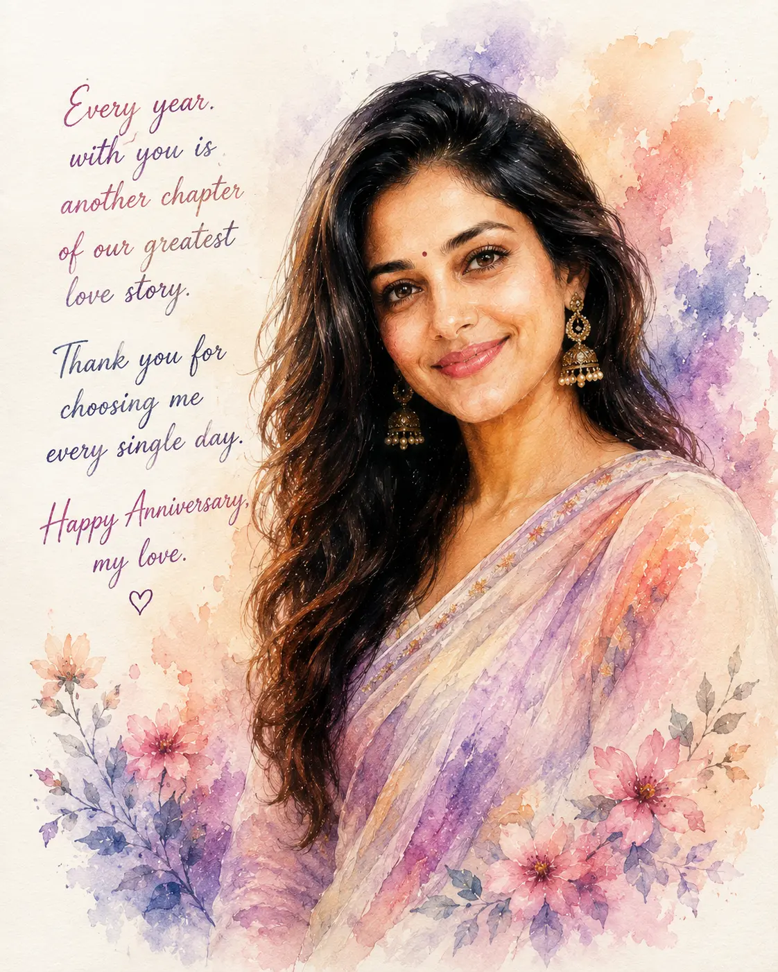 Watercolour portrait of a woman in a sari with an anniversary message