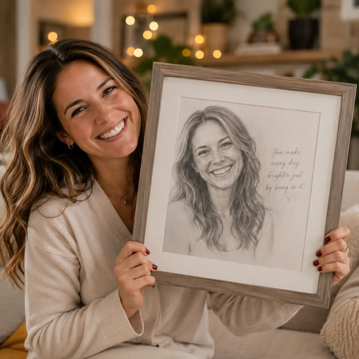 Woman holding a framed pencil portrait of herself