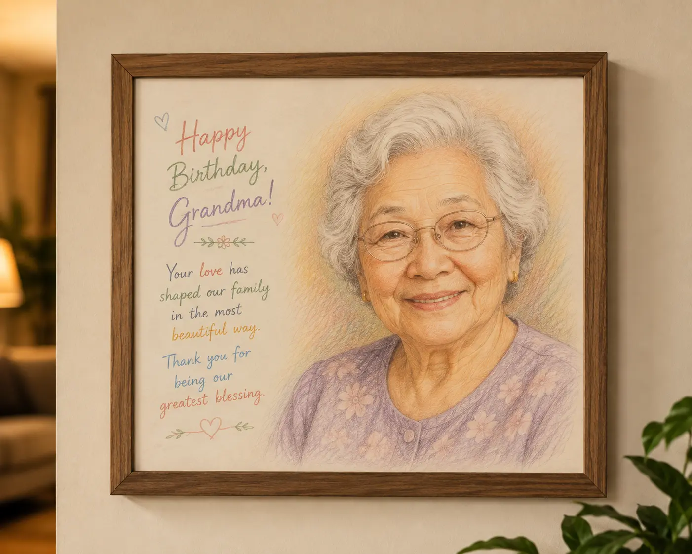 Framed coloured pencil birthday portrait of an elderly woman