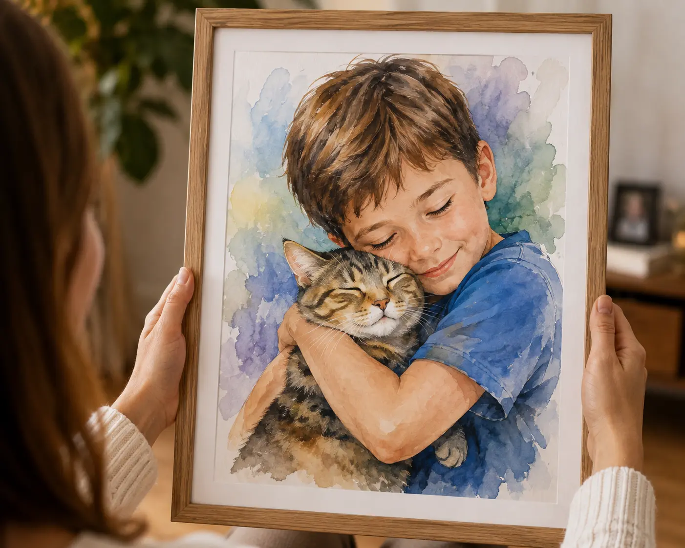 Framed watercolour painting of a boy hugging his cat