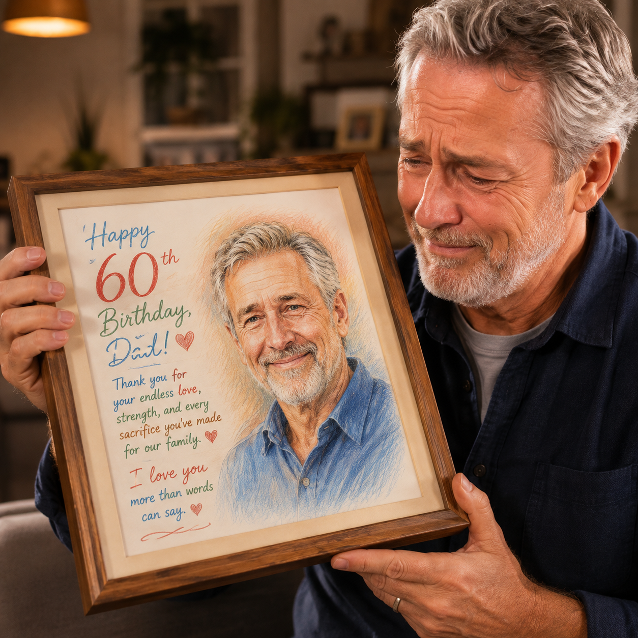 Man holding a framed coloured pencil 60th birthday portrait