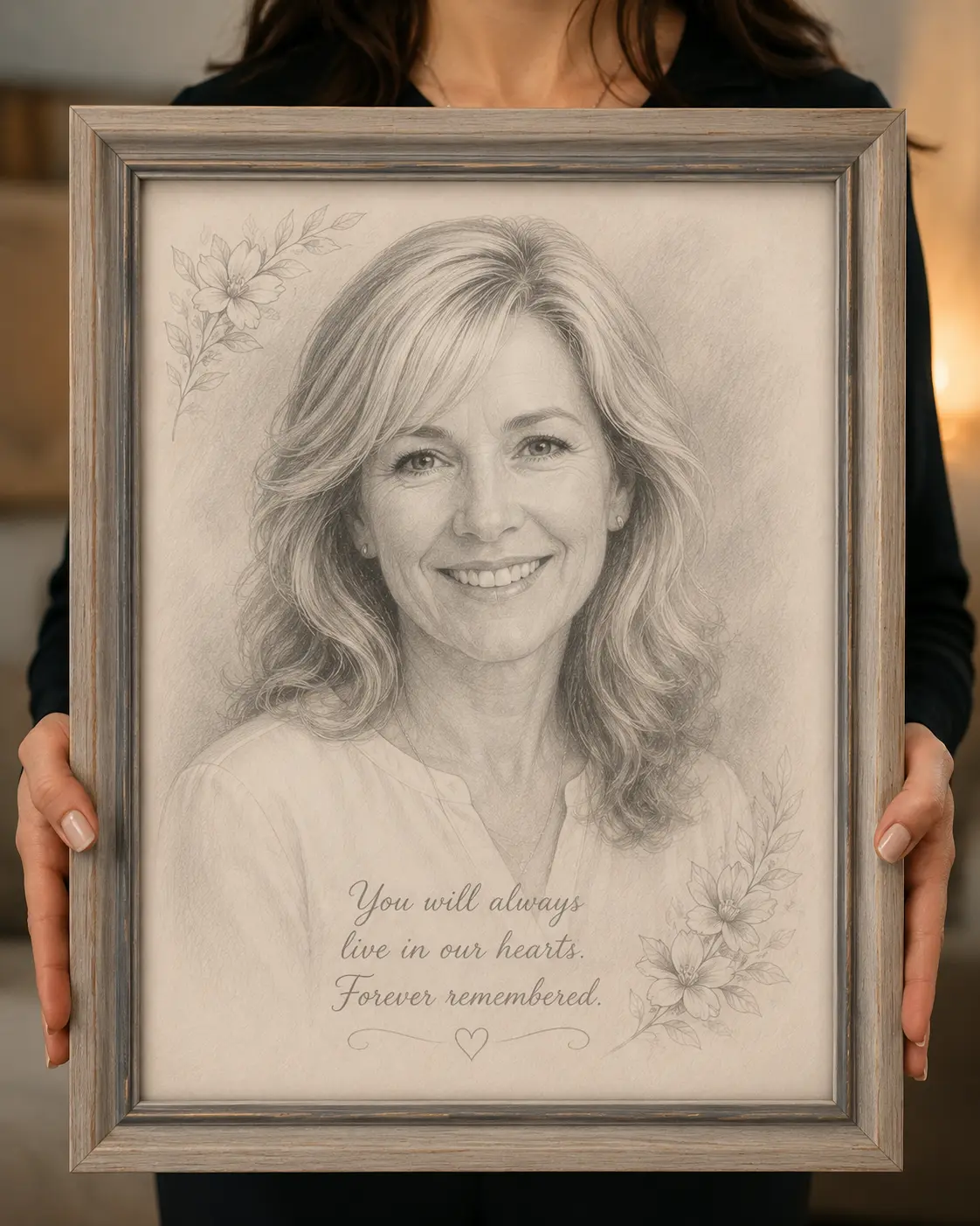 Framed pencil memorial portrait of a smiling woman