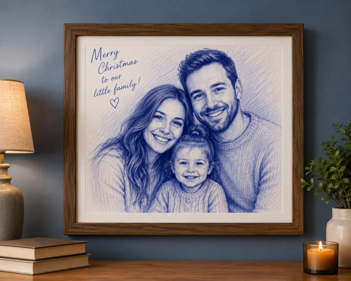 Framed blue pen sketch of a family of three with a Christmas message