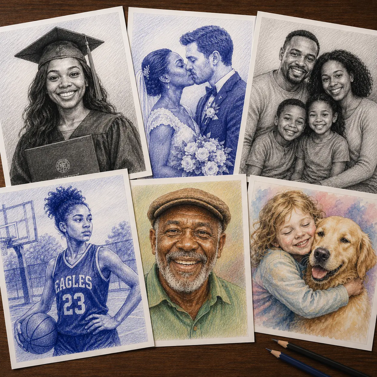 A collection of custom portrait art pieces celebrating graduation, wedding, family, sport, and cherished loved ones