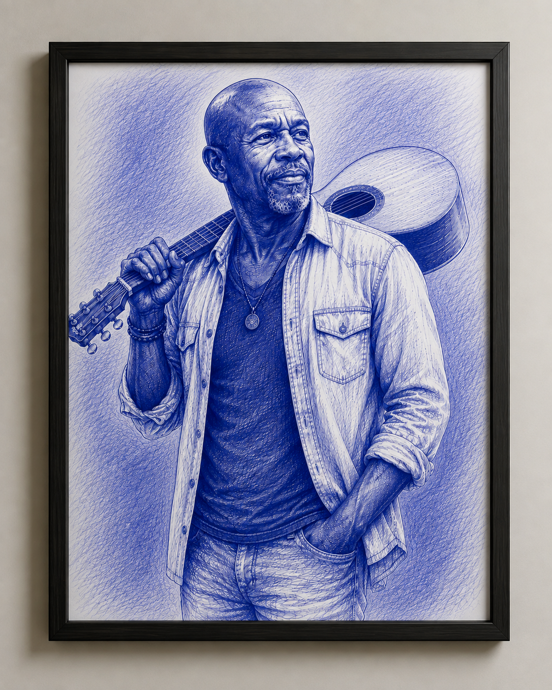 Ballpoint ink portrait of a man holding a guitar over his shoulder