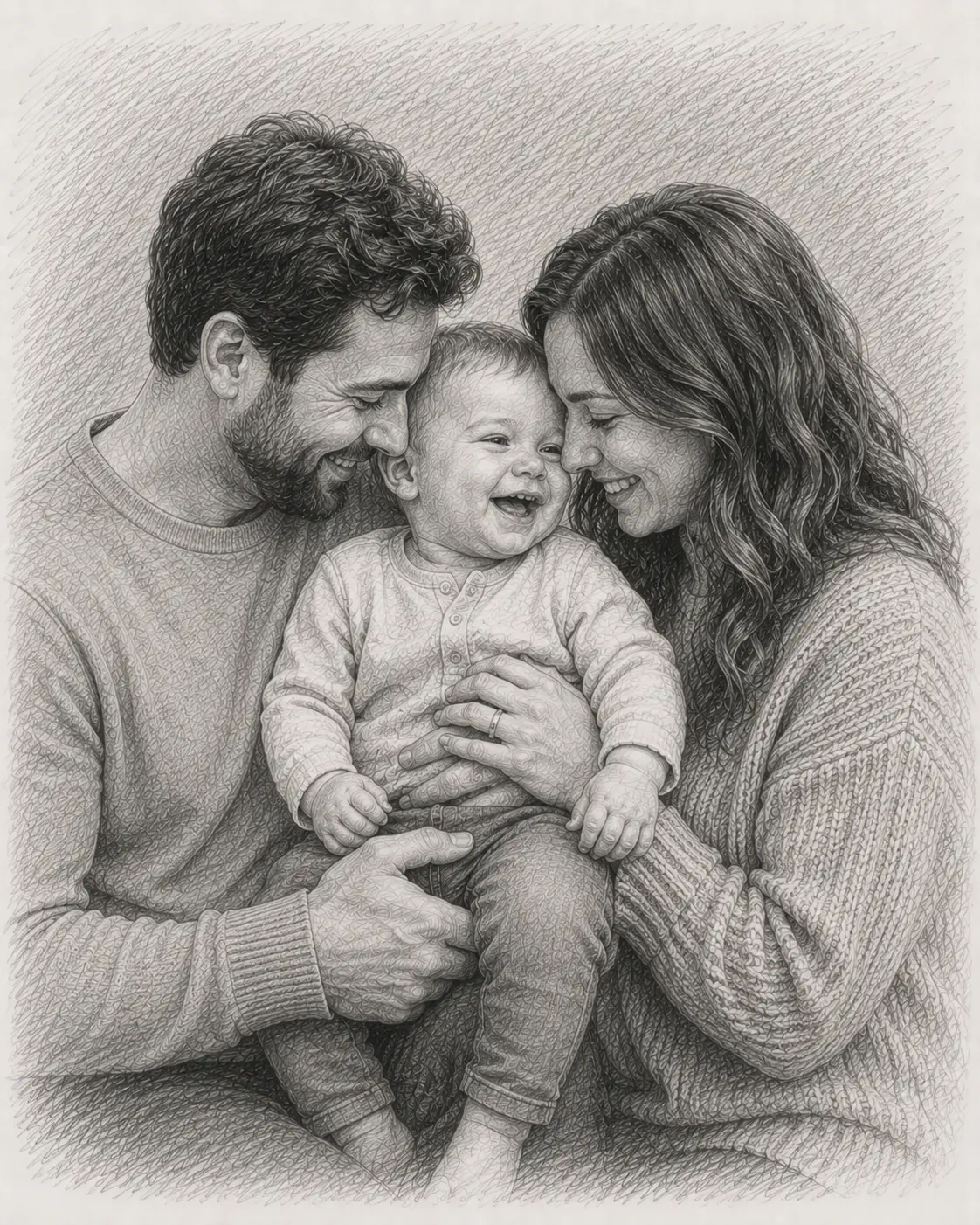 Pencil sketch of parents laughing with their baby