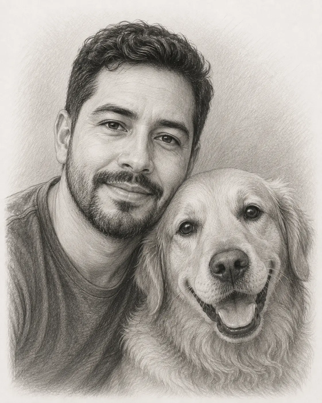 Pencil sketch portrait of a man with his golden retriever