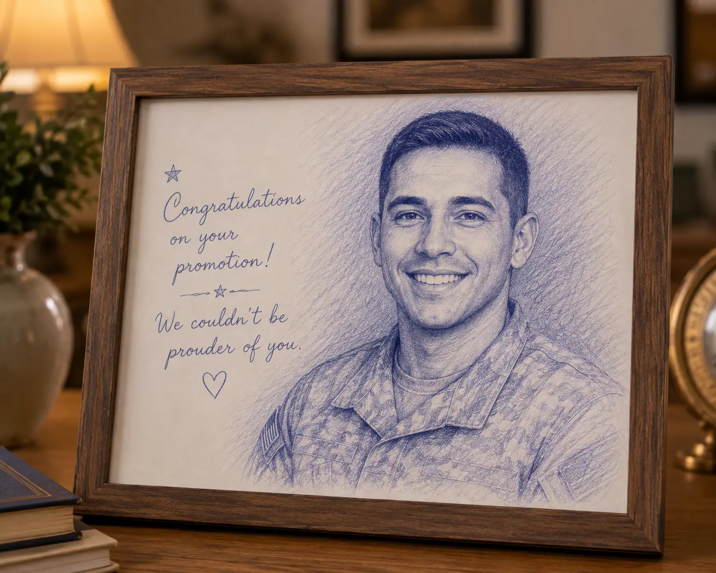 Framed blue pen portrait of a soldier with a congratulations message