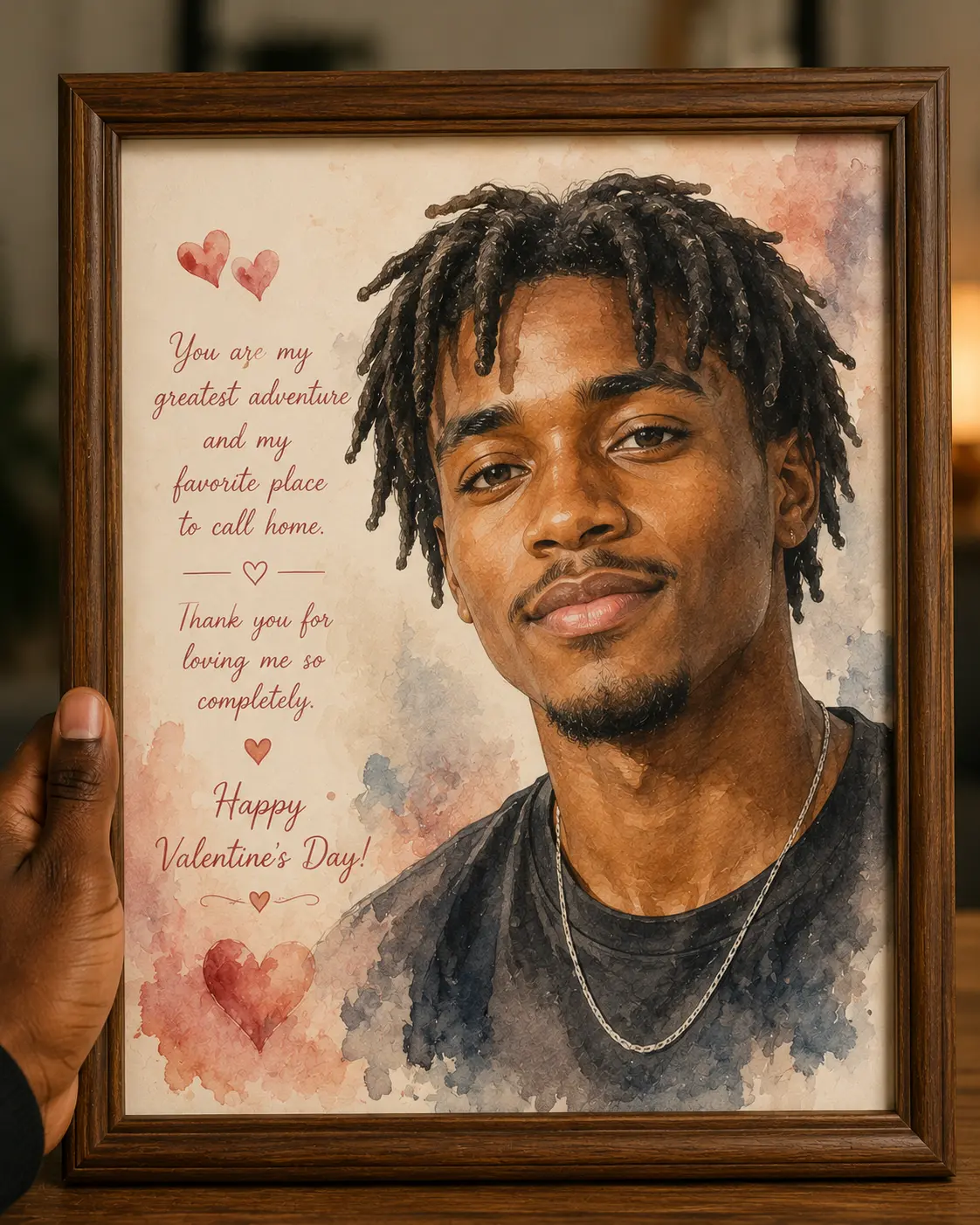 Framed watercolour portrait of a young man with a Valentine's message
