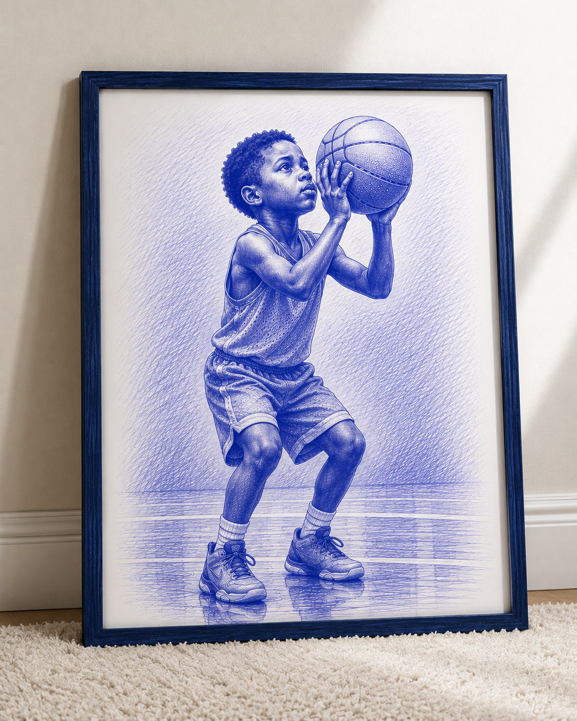 Blue ballpoint ink drawing of a young basketball player taking a shot