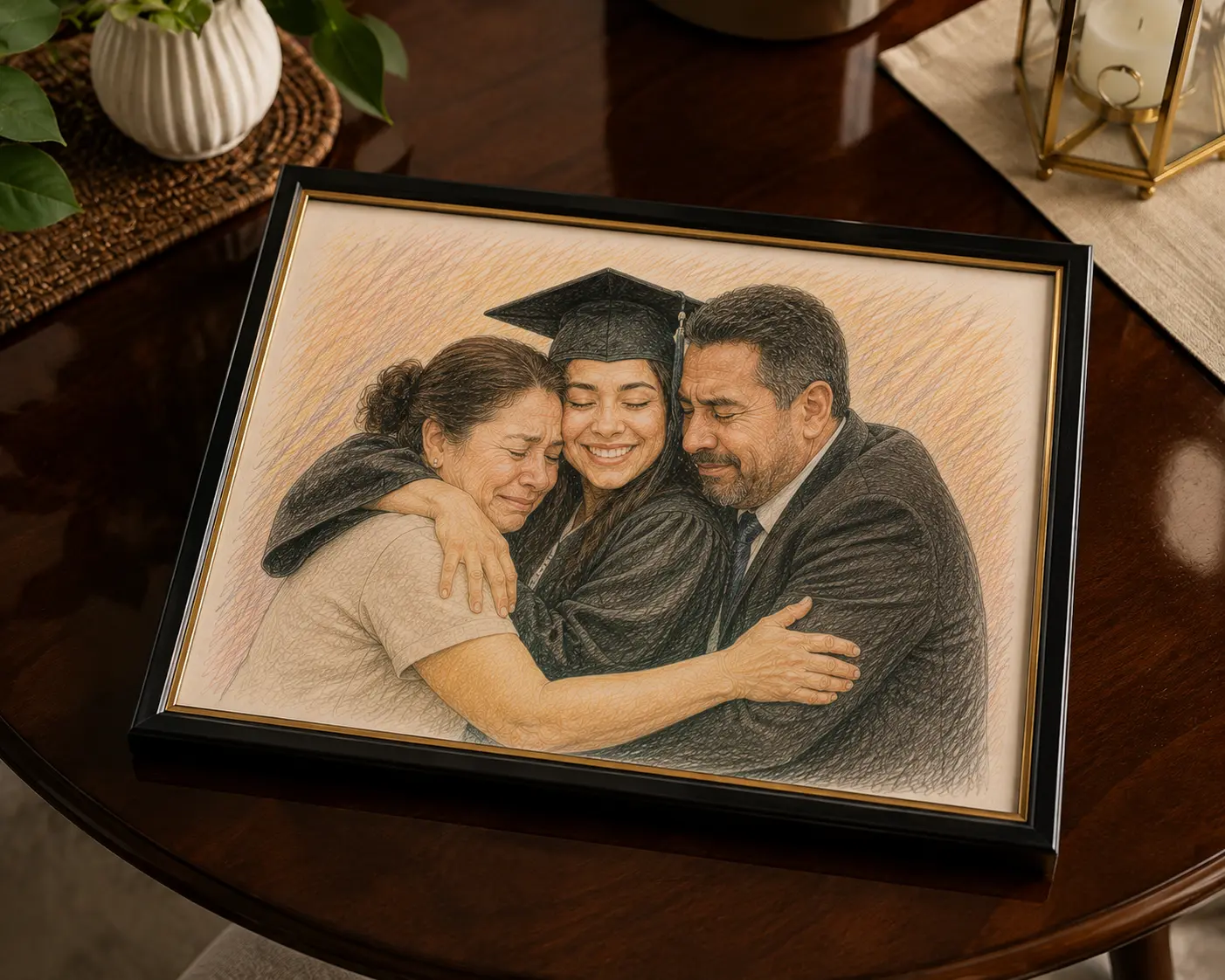 Framed coloured pencil portrait of parents embracing their graduate daughter