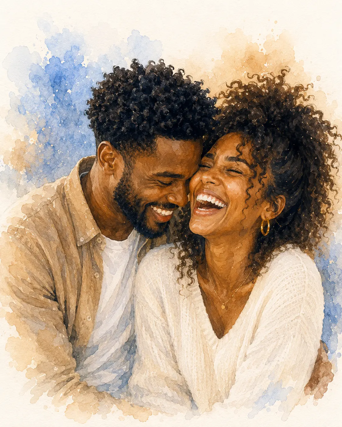 Watercolour portrait of a laughing couple