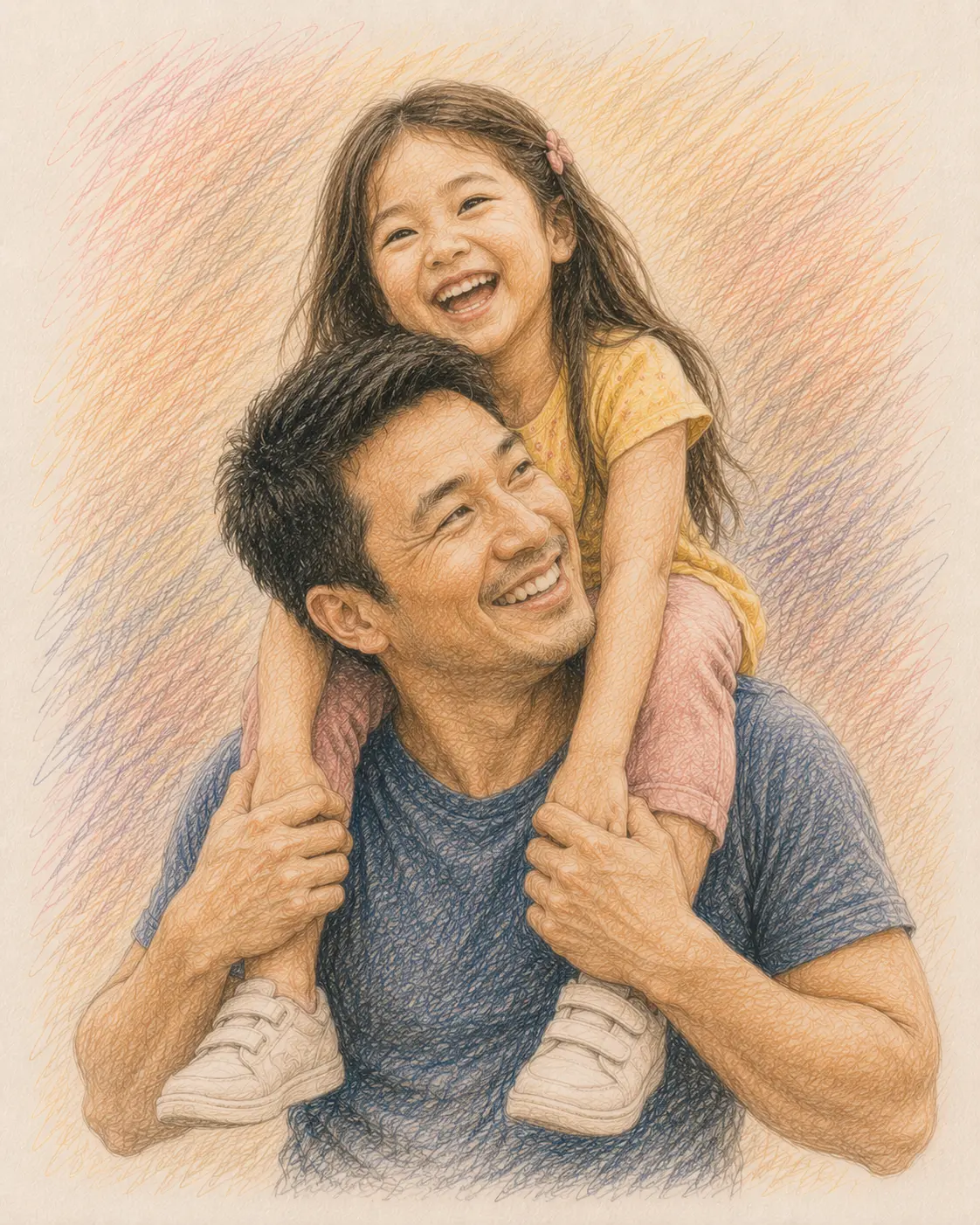 Coloured pencil portrait of a father carrying his daughter on his shoulders